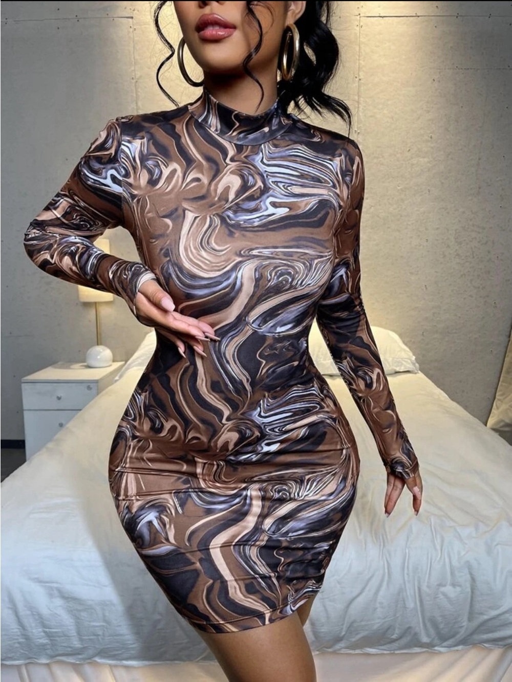 Long Sleeve Brown Marble Print Bodycon Dress